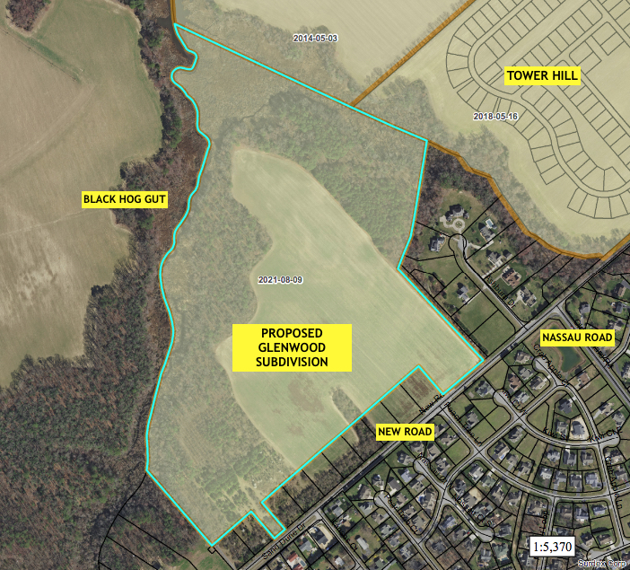The 131-acre parcel is located along New Road about a half-mile from the Nassau Road intersection. The property is a mix of farmland, woods and wetlands. PLUS GRAPHIC